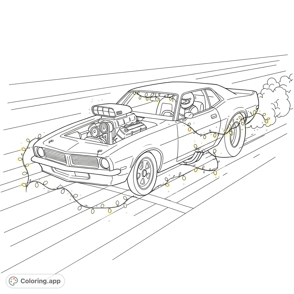 A dynamic muscle car adorned with festive Christmas lights speeds across the road, perfect for a unique holiday hot rod coloring page.