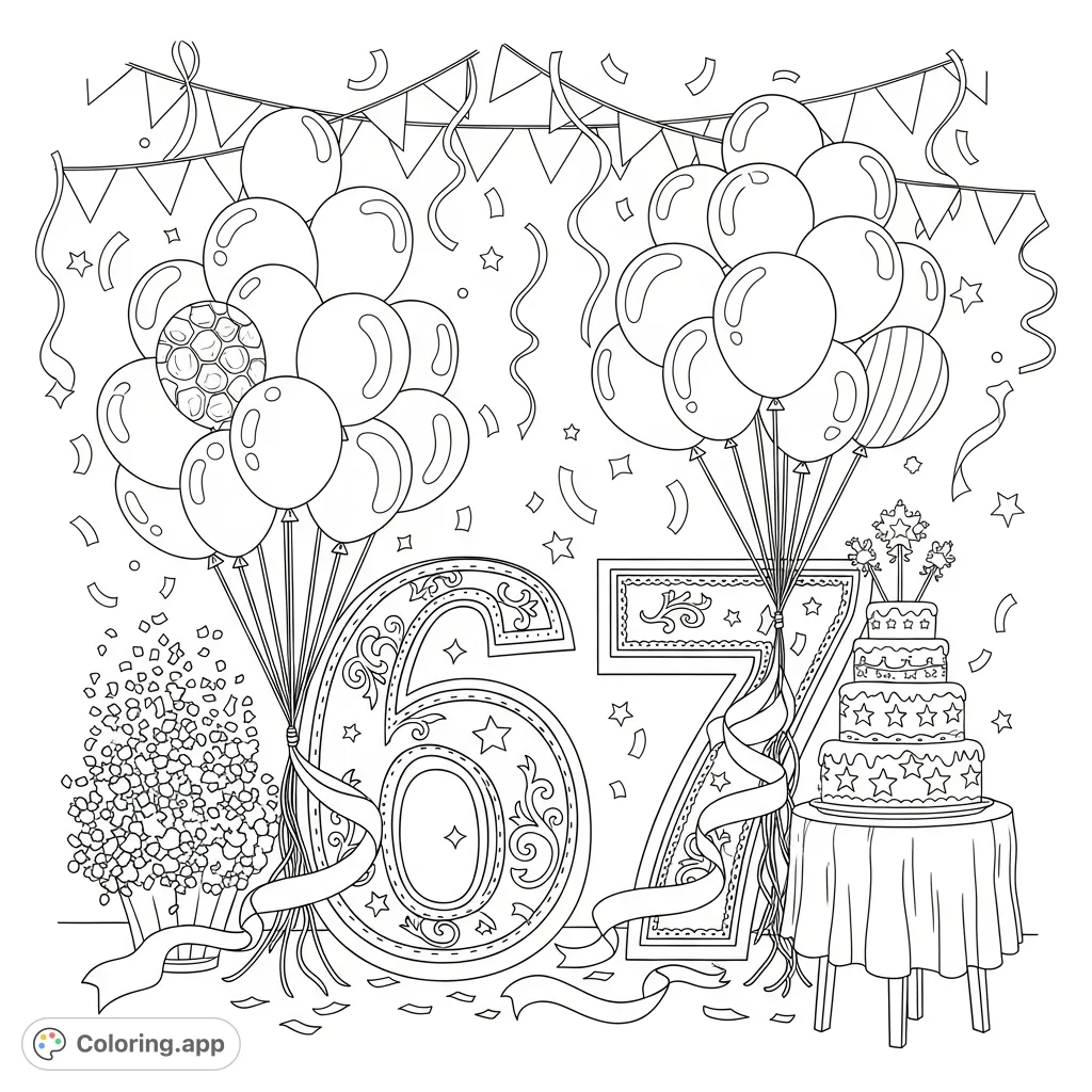 A joyous celebration scene featuring ornate '6' and '7' numbers, adorned with balloons, ribbons, confetti, and a star-decorated tiered cake. Perfect for birthdays!