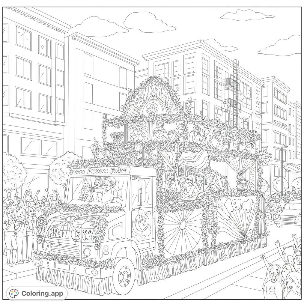 A vibrant parade float adorned with flowers and people, moving through a lively city street with cheering crowds. A detailed celebration scene.
