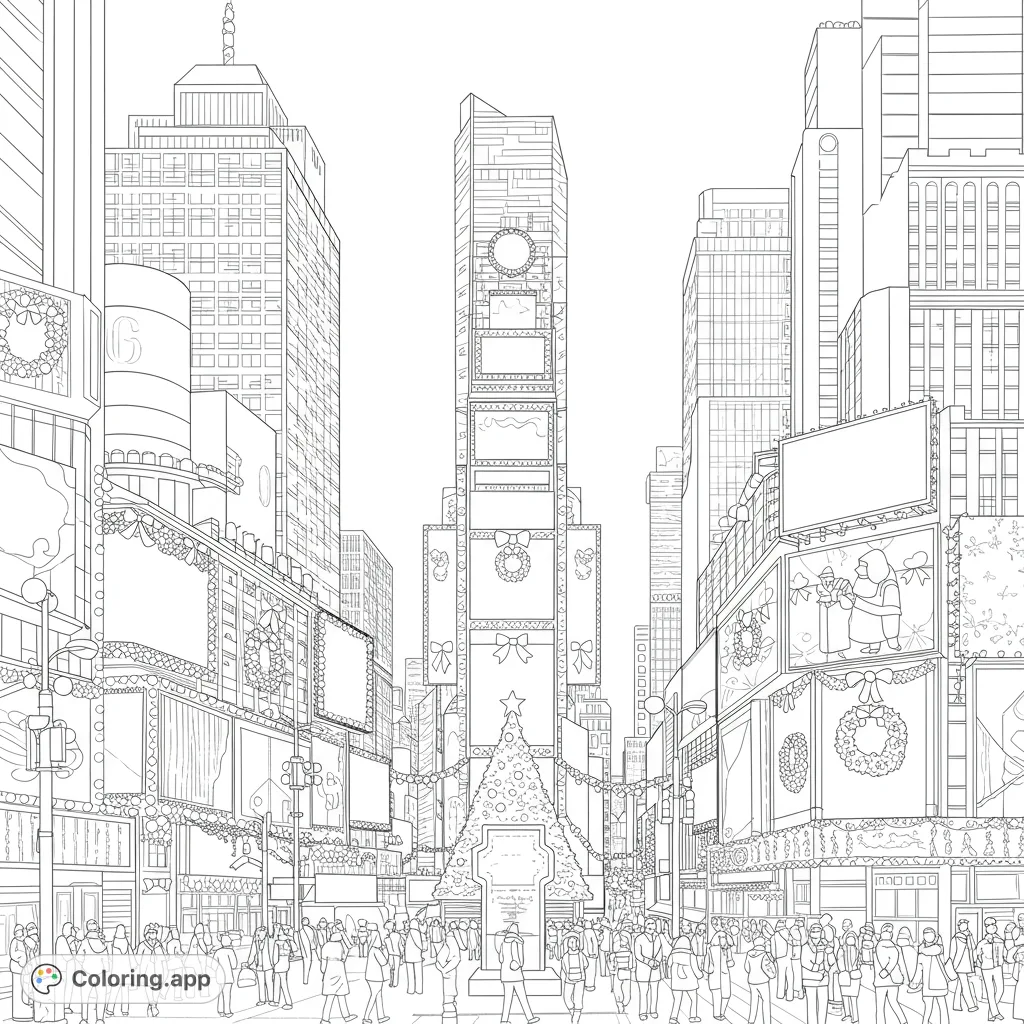Immerse yourself in a festive Times Square Christmas scene, featuring iconic skyscrapers, a grand Christmas tree, and bustling crowds. A detailed holiday cityscape.