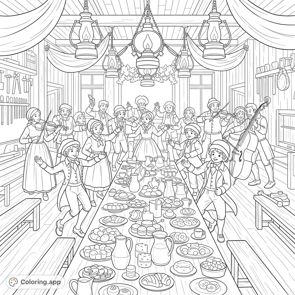 Step into a joyous Fezziwig's Christmas Eve party! Young Scrooge and Dick Wilkins dance energetically amid employees, musicians, and a festive feast.