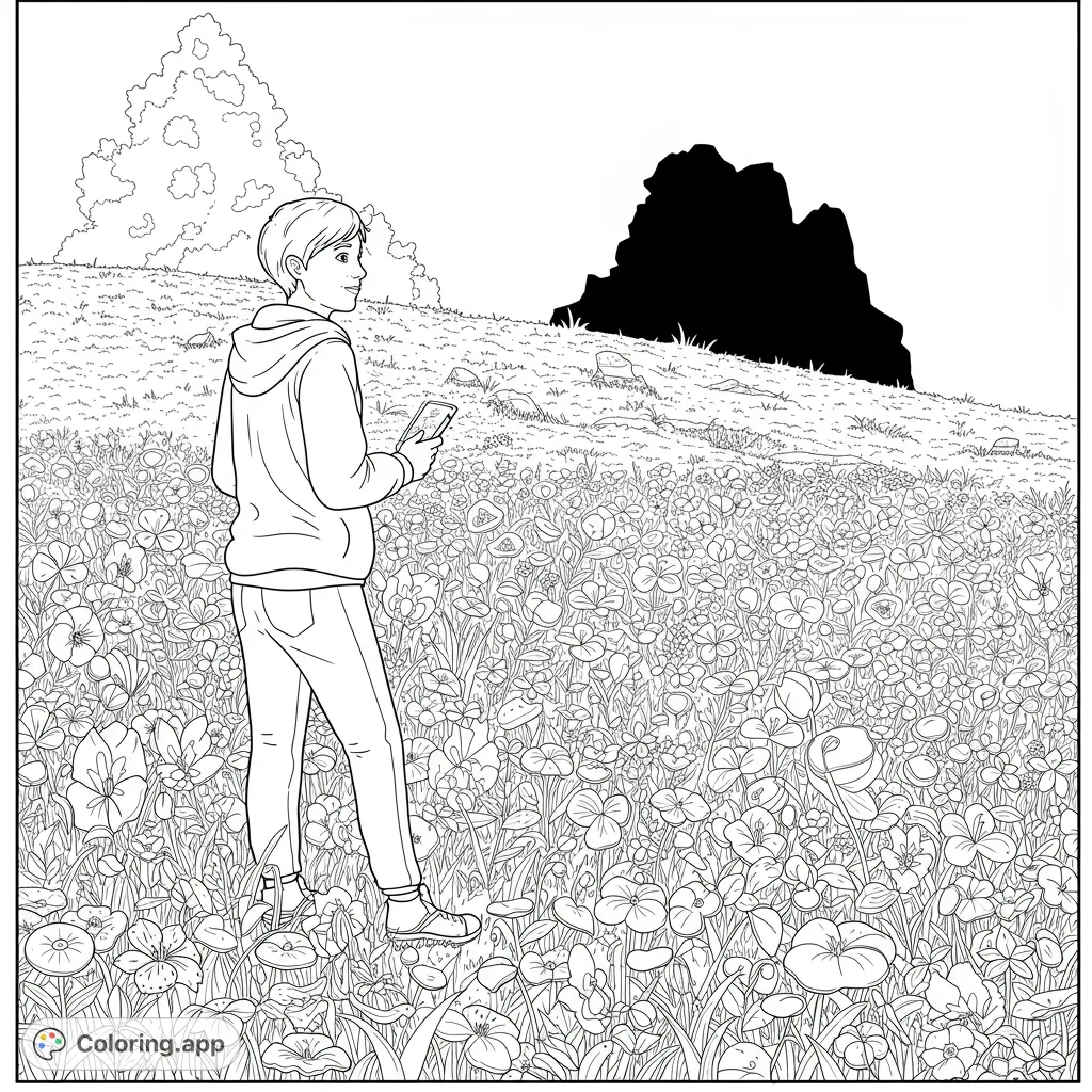 A young person explores a vibrant flower field, holding a phone, with clouds and a rocky hill in the background. A detailed nature scene.