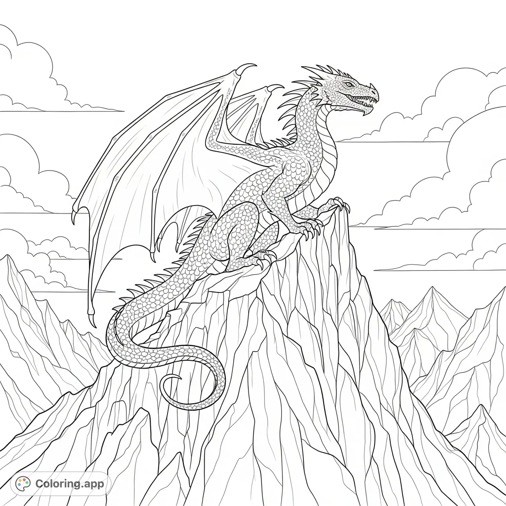 A majestic dragon with spread wings dominates a rugged mountain peak, its powerful form detailed with scales and sharp features, set against a dramatic sky.