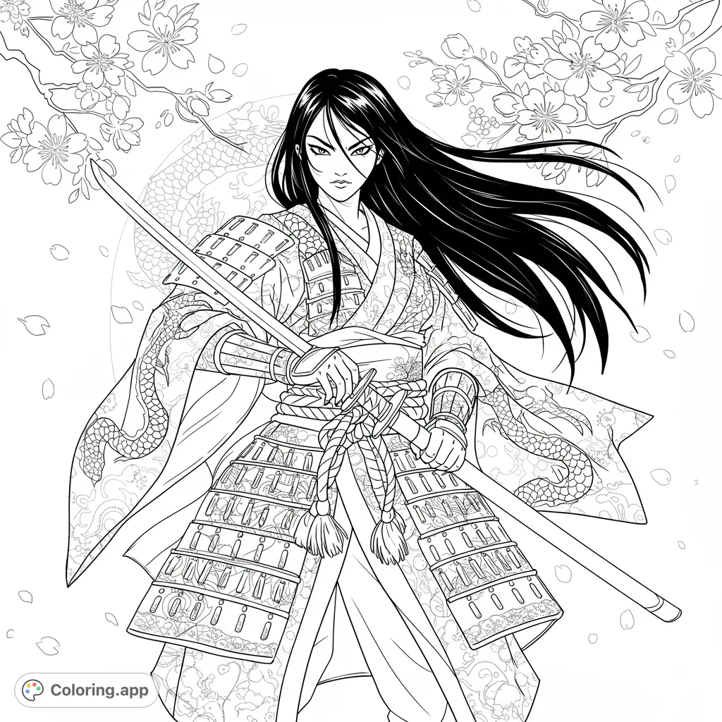 An intricate Japanese warrior coloring page featuring a fierce female samurai with katanas, adorned in detailed armor and kimono, set amidst cherry blossoms.
