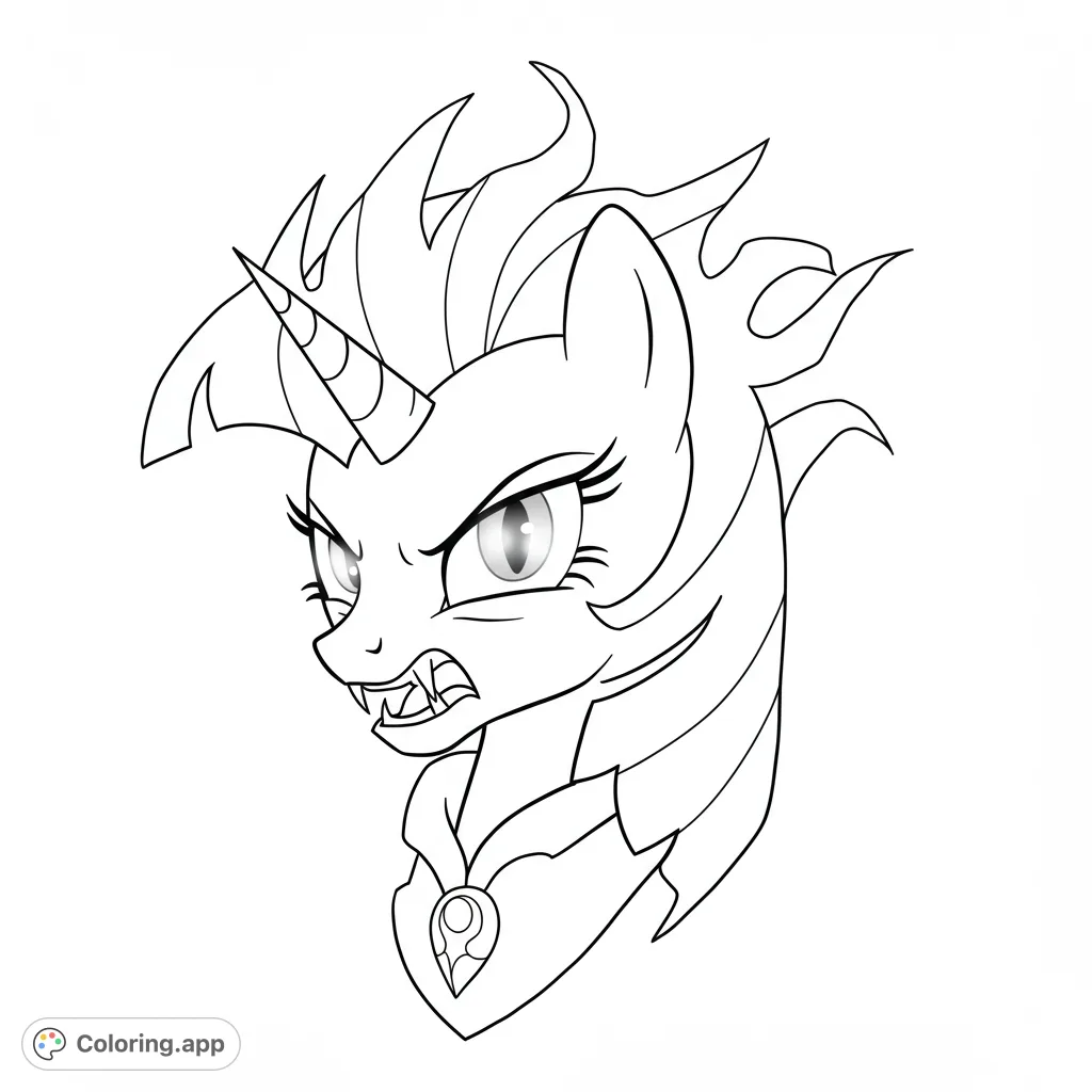 Unleash your creativity with this fierce unicorn head coloring page! Features a snarling creature with a horn, fangs, and flame-like mane. Perfect for fantasy fans.