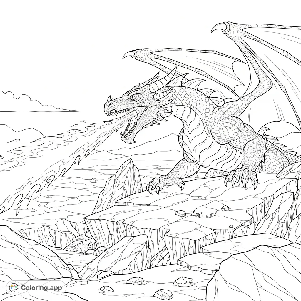 A magnificent dragon breathing bold flames across a rugged, craggy landscape, featuring a powerful creature with intricate scales and dramatic composition.
