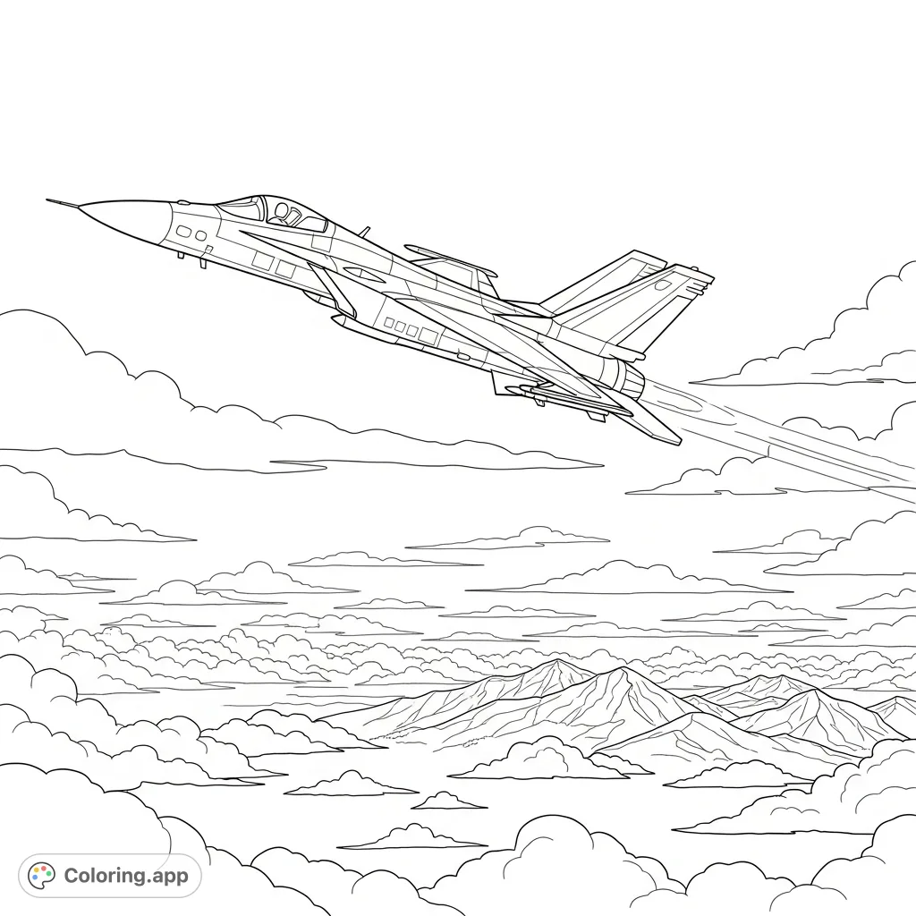 A powerful military fighter jet with afterburners engaged soars through a dramatic, cloud-filled sky above a rugged mountain range, poised for dynamic action.