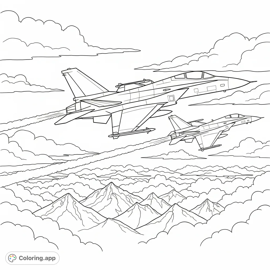 Experience the thrill of a high-stakes aerial chase with two modern fighter jets maneuvering through clouds and vapor trails. A dynamic aviation scene.