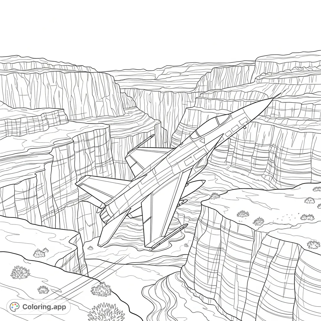 Experience the thrill of a fighter jet maneuvering through a winding desert canyon, showcasing incredible speed and the raw power of flight amidst rugged rock formations.
