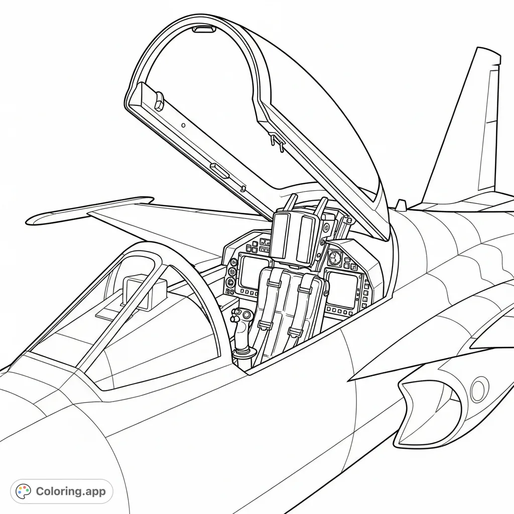 An exciting close-up of a fighter jet cockpit with an open canopy, revealing simplified interior details for an engaging coloring experience. Perfect for aviation fans.