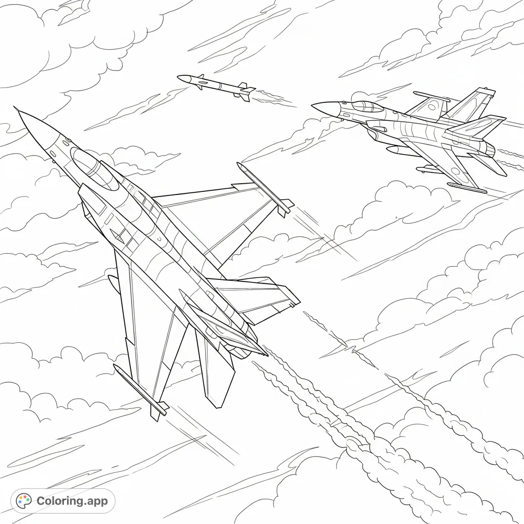 Experience the thrilling intensity of an aerial dogfight with two fighter jets, a missile launch, and dynamic smoke trails in this action-packed coloring page.