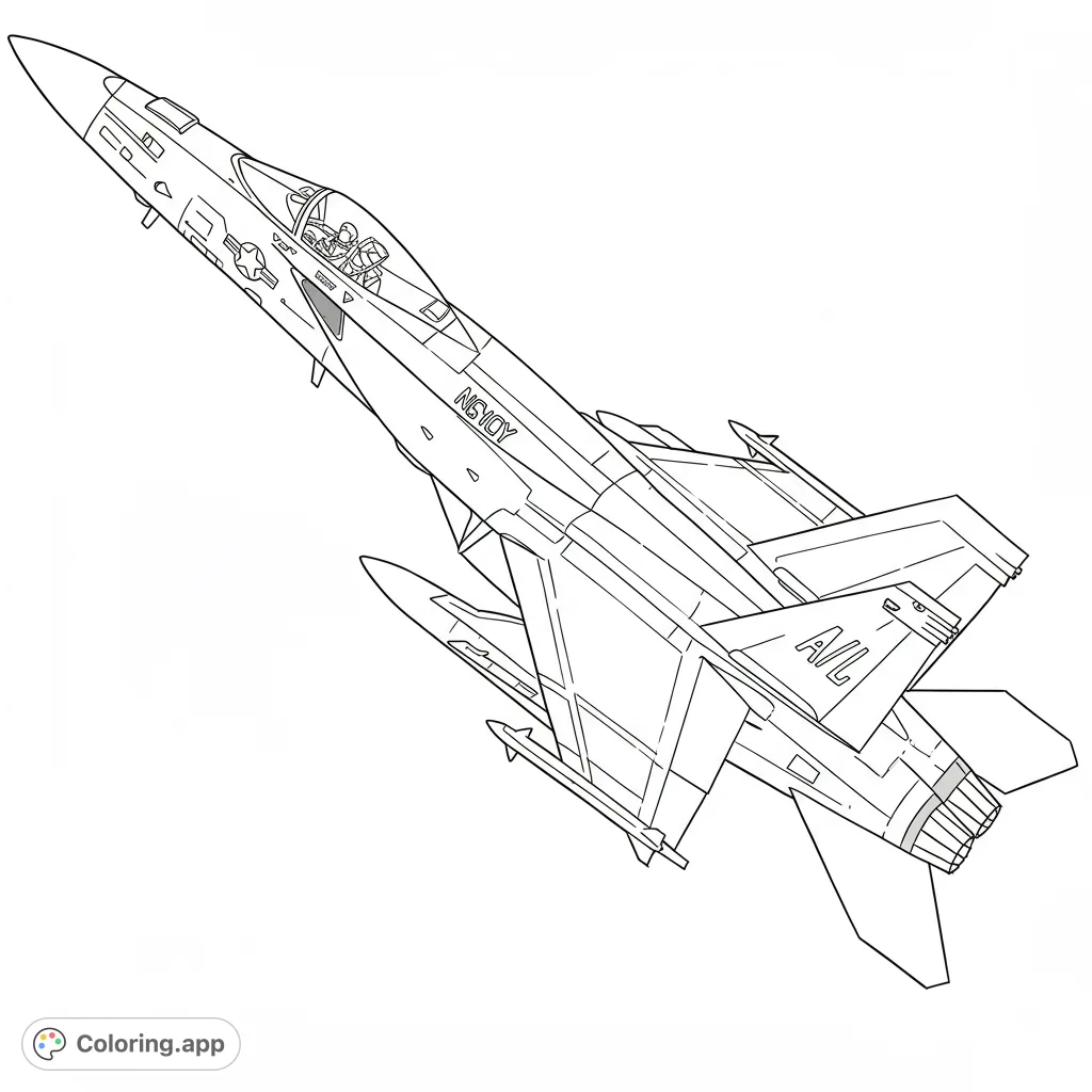 Dynamic fighter jet coloring page, perfect for aviation enthusiasts. Features a sleek aircraft with detailed wings and cockpit.