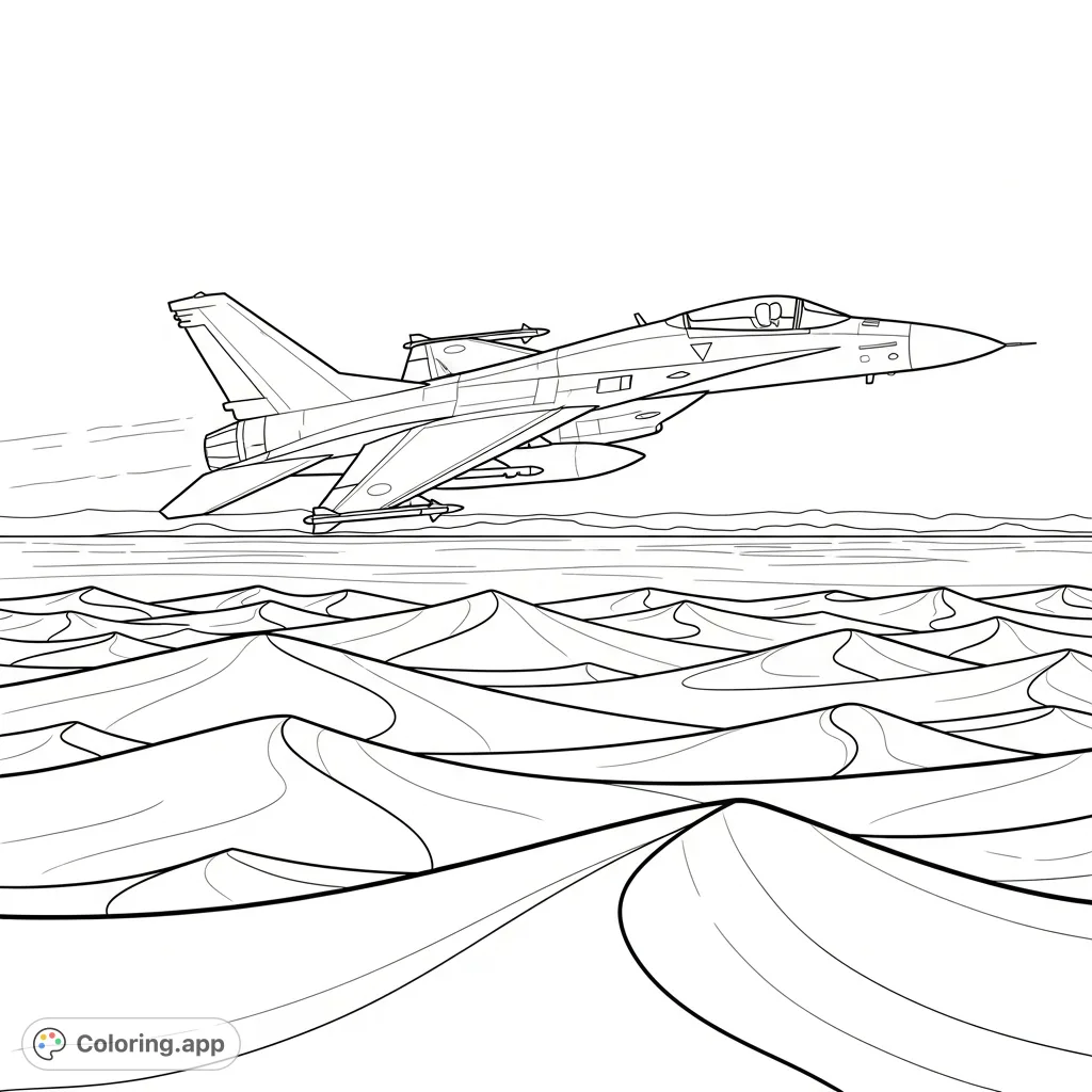 Experience the thrill of aviation with this fighter jet coloring page. Soar above simplified desert dunes and vast landscapes. Perfect for all ages.