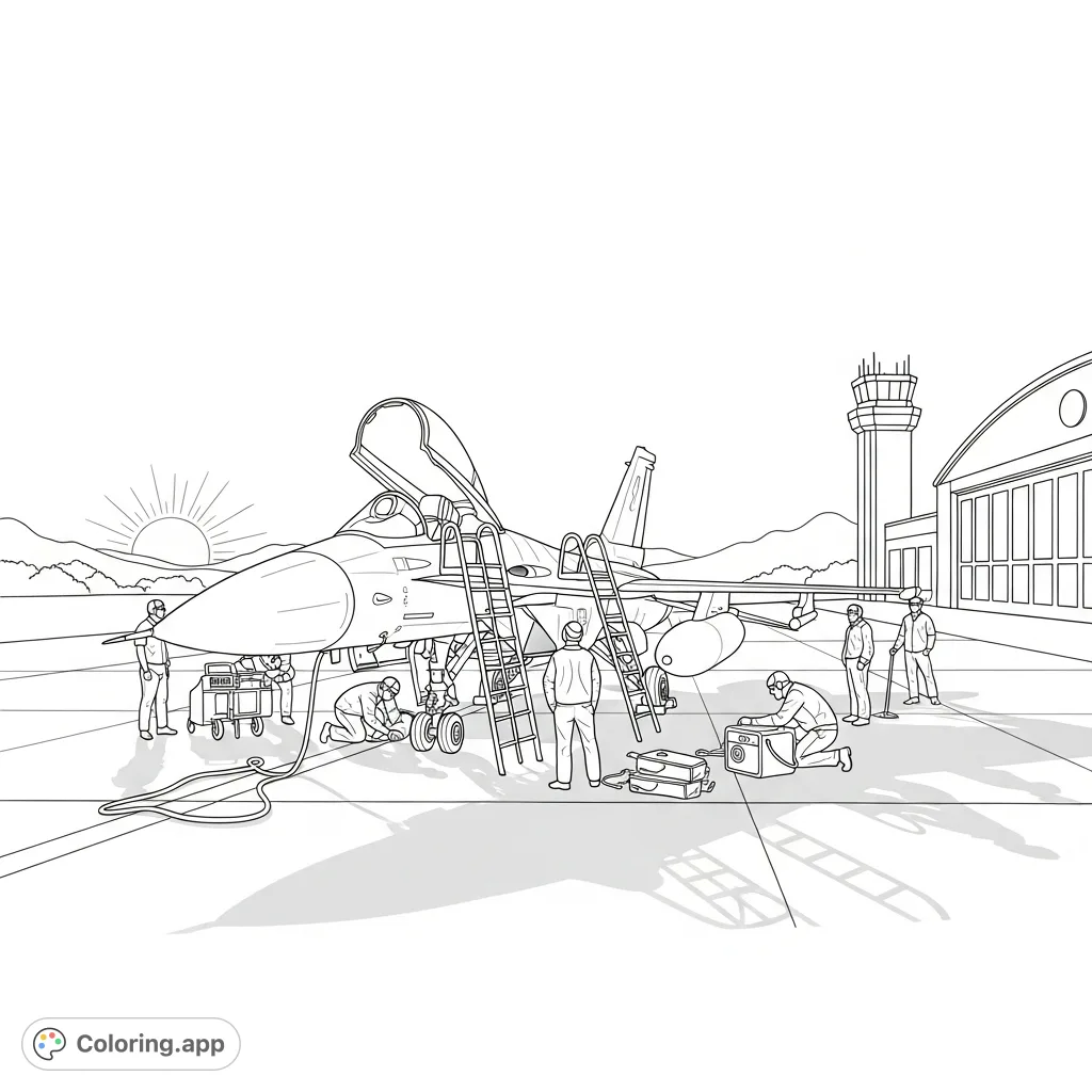 A detailed fighter jet coloring page showing a powerful aircraft on a runway with ground crew performing pre-flight checks, set against a distant hangar and control tower.
