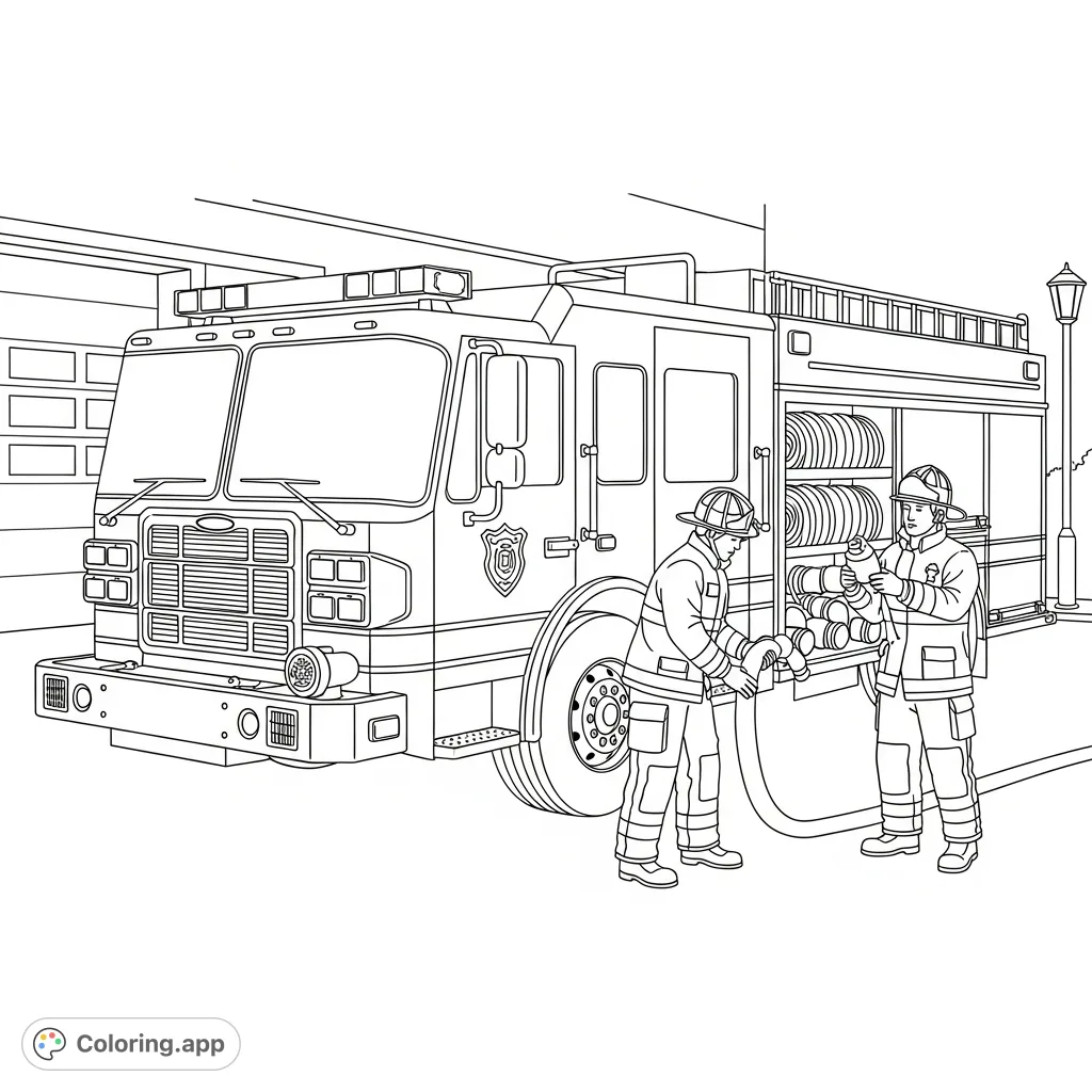A detailed coloring page featuring a large fire truck with two firefighters in full gear preparing their equipment. Includes hoses, ladders, and a fire station background.