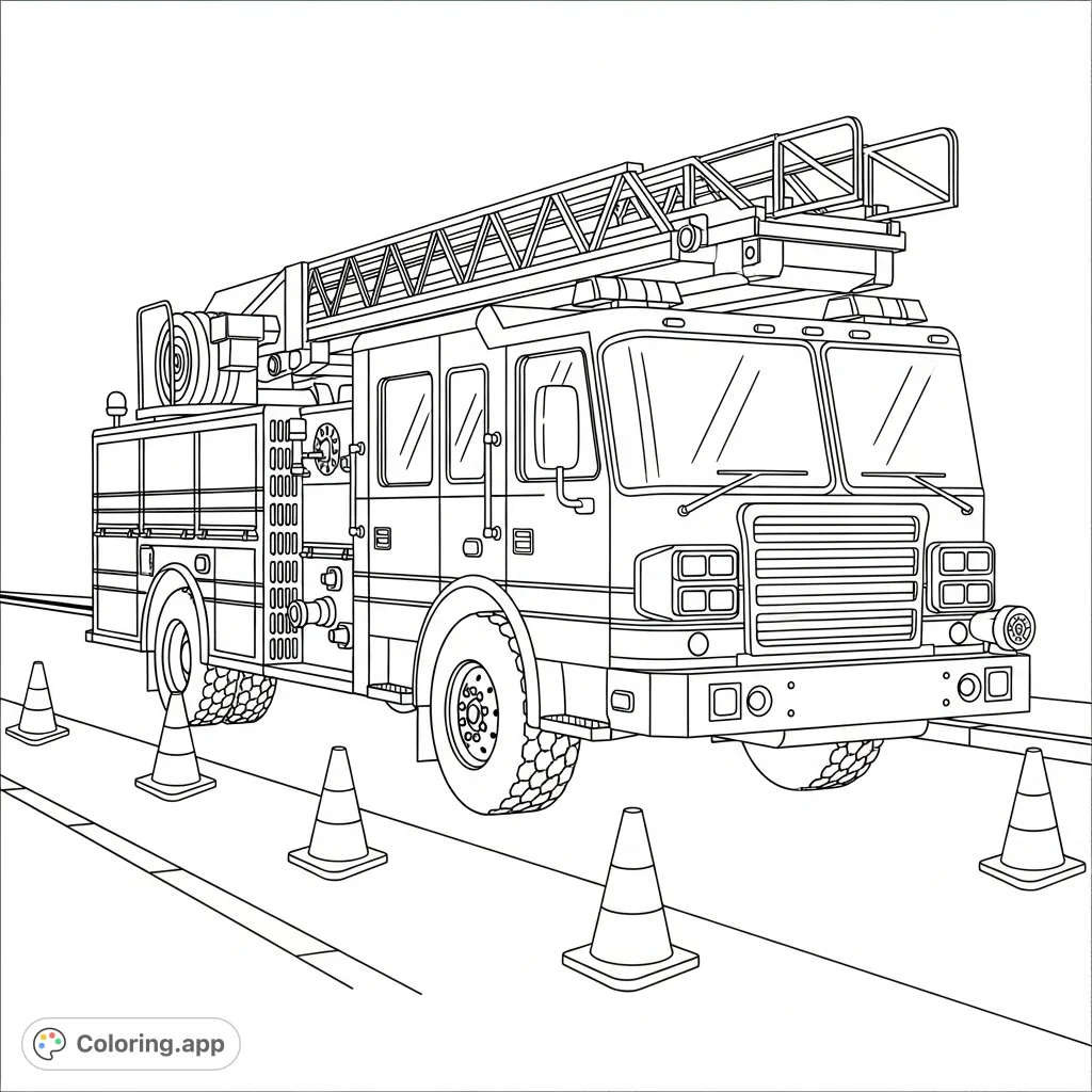 A detailed coloring page featuring a large fire truck with an extended ladder and coiled hoses, surrounded by five traffic cones on a street.