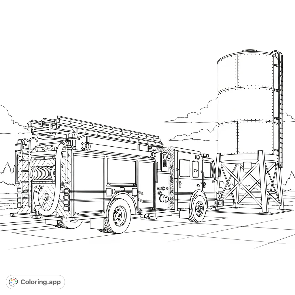 A detailed coloring page featuring a robust fire truck parked next to a tall, cylindrical water tank in a suburban setting with a treeline and clear sky.