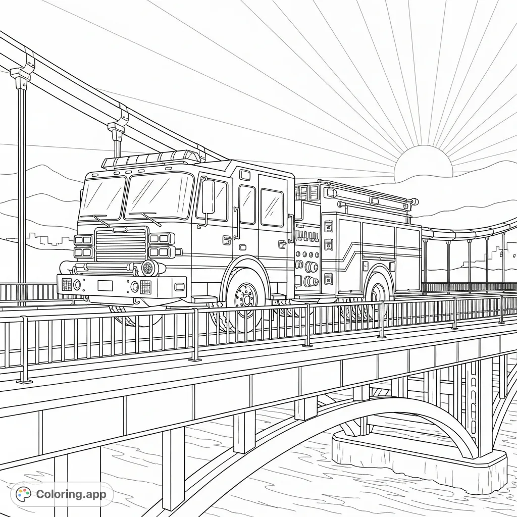 A detailed coloring page featuring a robust fire truck driving across a sturdy bridge with intricate railings, set against a beautiful sunrise horizon.