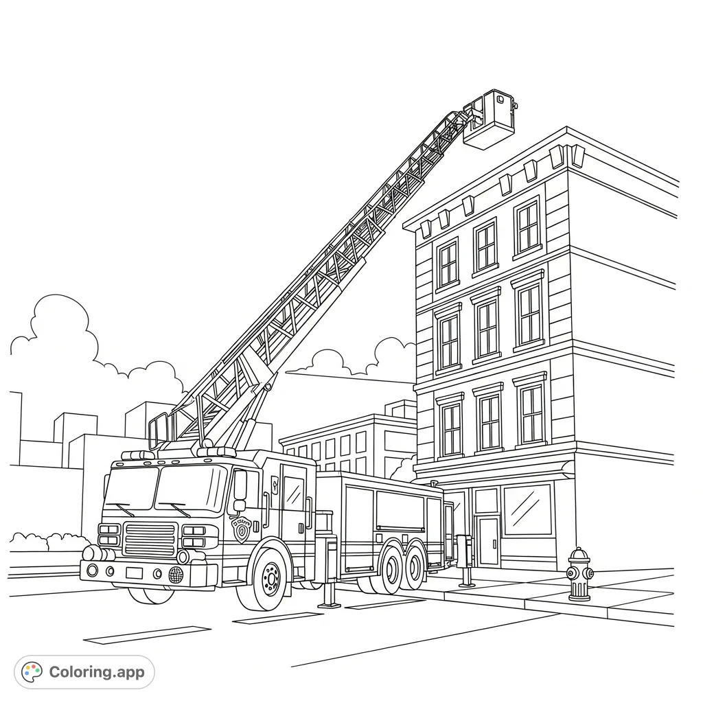 A detailed fire truck with its ladder extended high towards a tall building in an urban setting, ready for action. Perfect for young aspiring firefighters.