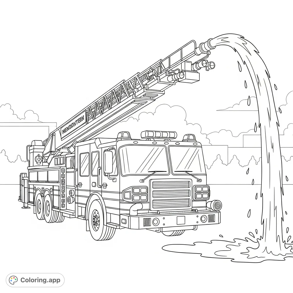 A detailed coloring page featuring a fire truck heroically spraying water from its hose, ready to tackle any emergency. Perfect for aspiring firefighters.