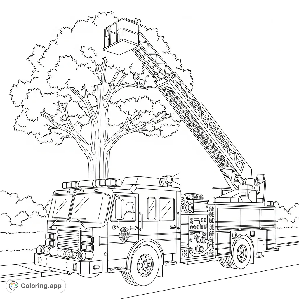 A brave fire truck extends its ladder high into a leafy tree to rescue a small kitten, detailed with hoses, lights, and a residential street setting.