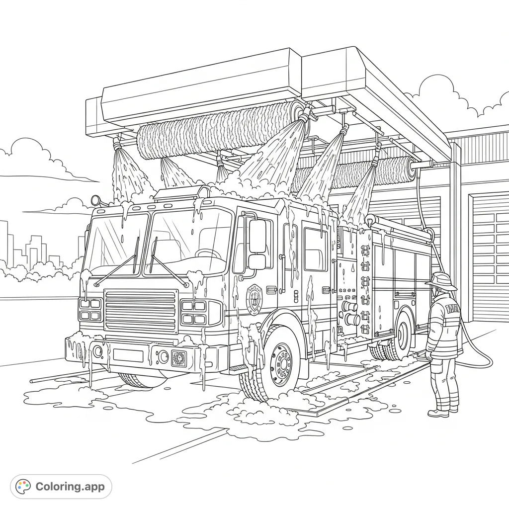 A detailed coloring page featuring a large fire truck getting a thorough wash at an automated station, complete with suds, water, and a firefighter.