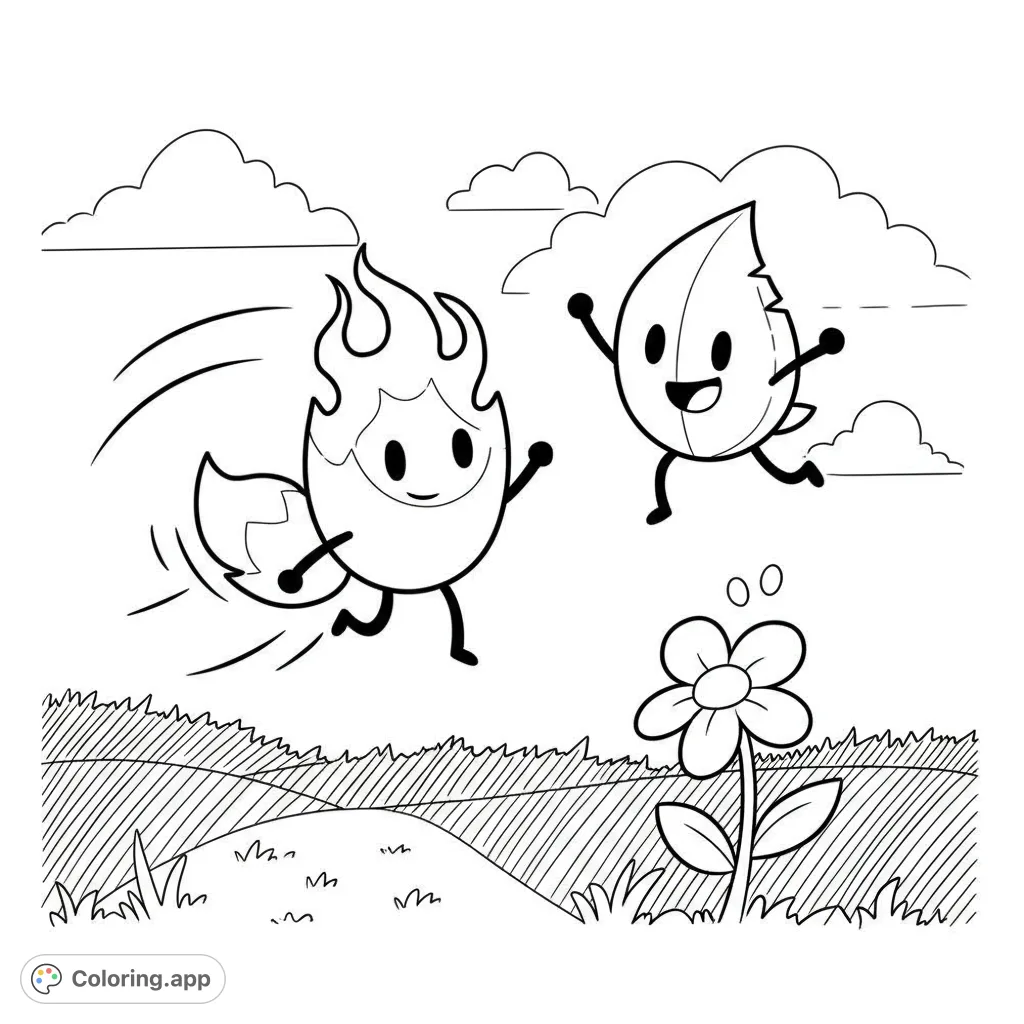 Join Firey and Leafy in a playful, dynamic chase across a grassy meadow, featuring bold lines and fun details perfect for a vibrant coloring adventure.