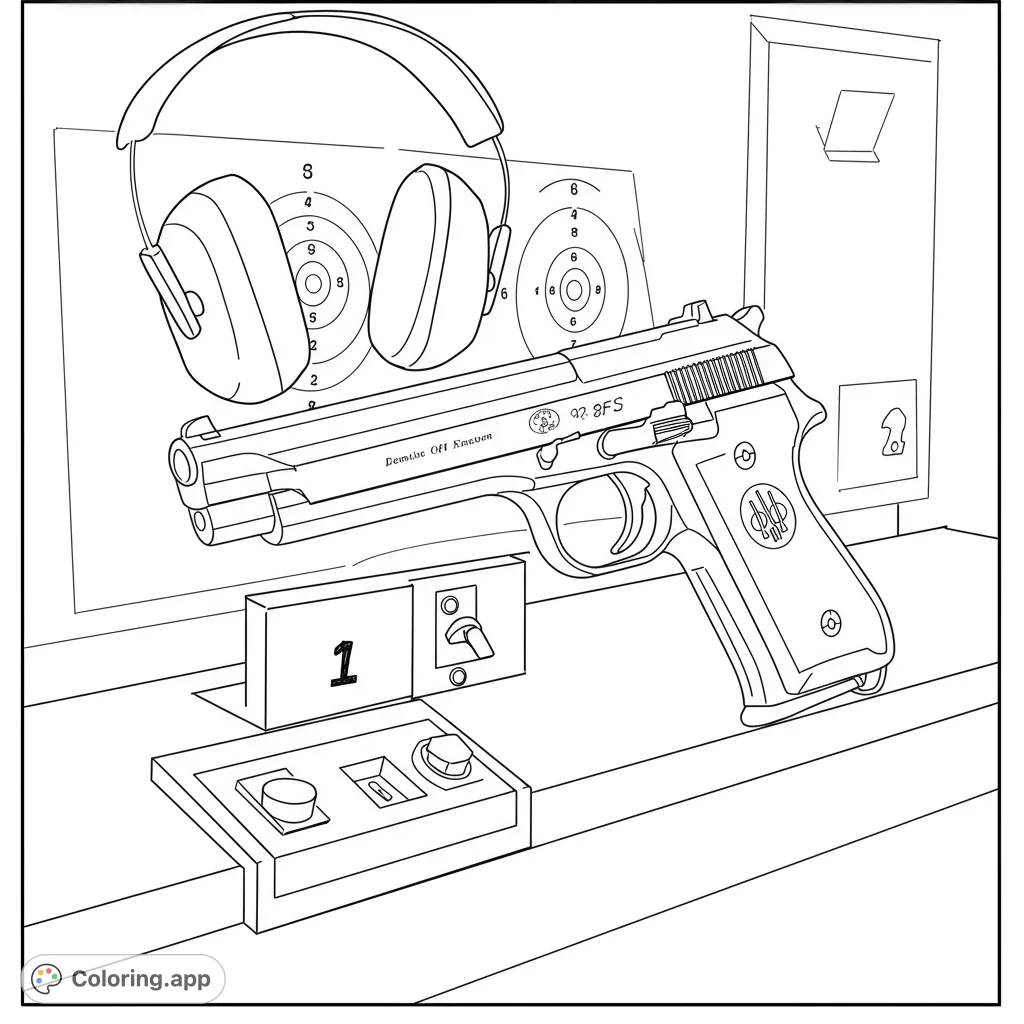 Detailed firing range scene with a pistol, ear protection, and targets. A free printable shooting range coloring page for adults and teens to enjoy.