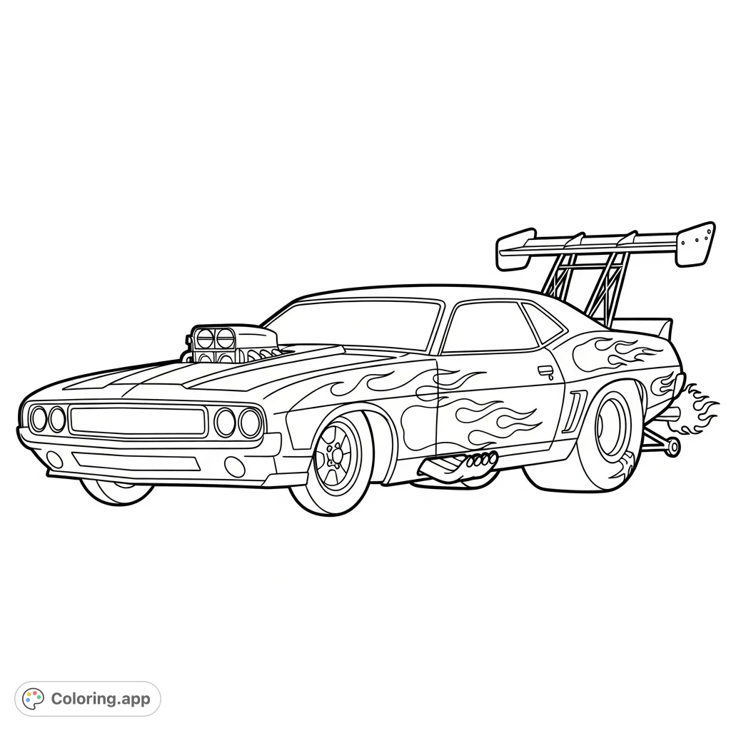 Unleash your creativity on this dynamic muscle-car dragster, roaring with stylized flames and massive slicks, perfect for speed enthusiasts.