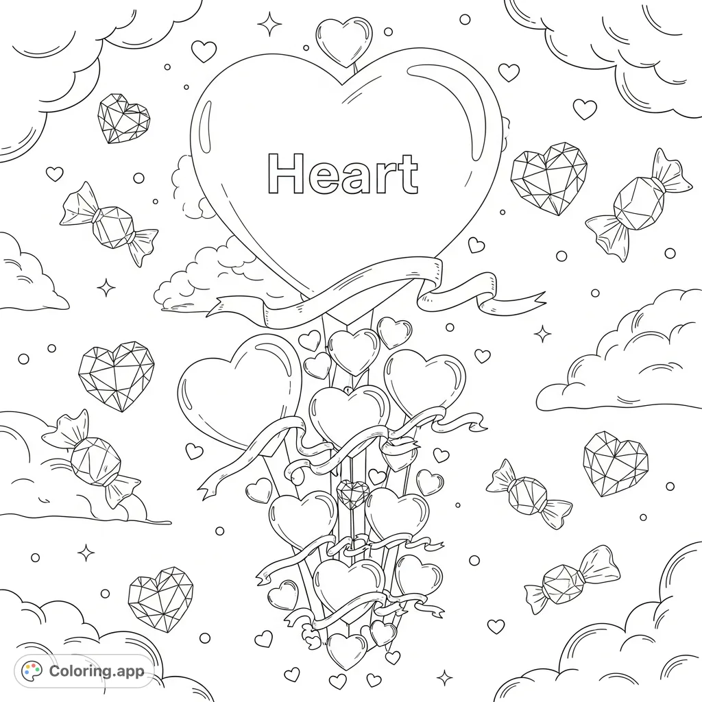 A whimsical heart coloring page featuring a colossal 'Heart' floating amidst smaller hearts, ribbons, candy hearts, and clouds in a celestial, dreamlike scene.