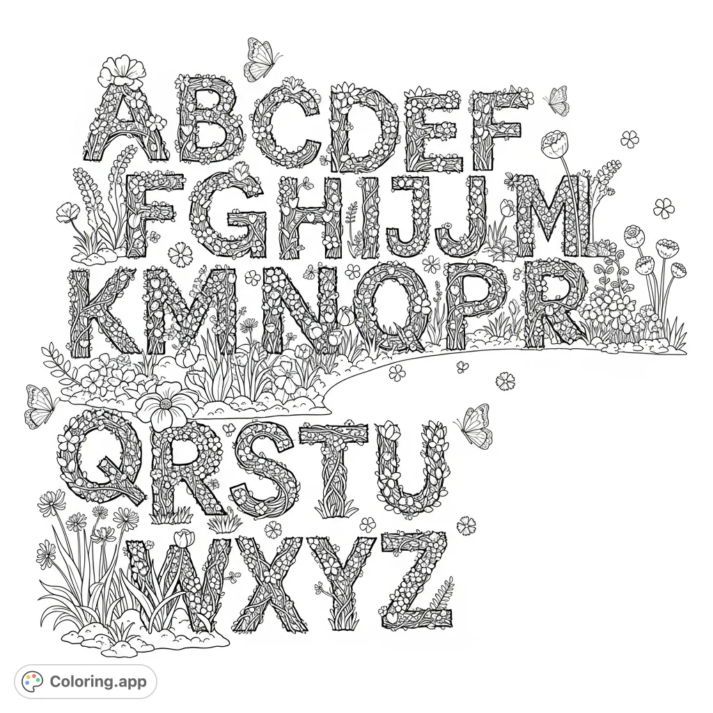 Explore a magical garden where each capital letter of the alphabet is a living floral sculpture, entwined with vines and flowers, surrounded by delicate butterflies.