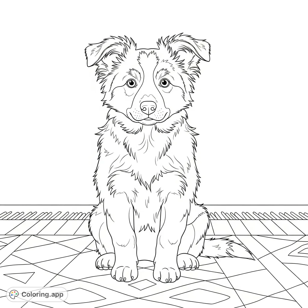 A delightful Border Collie puppy with oversized ears and a fluffy coat sits on a patterned rug, ready for creative coloring fun.