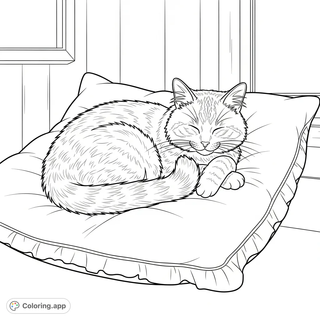 A charming coloring page featuring a fluffy domestic cat curled up peacefully on a plush pillow, set in a cozy indoor scene. Perfect for relaxation!