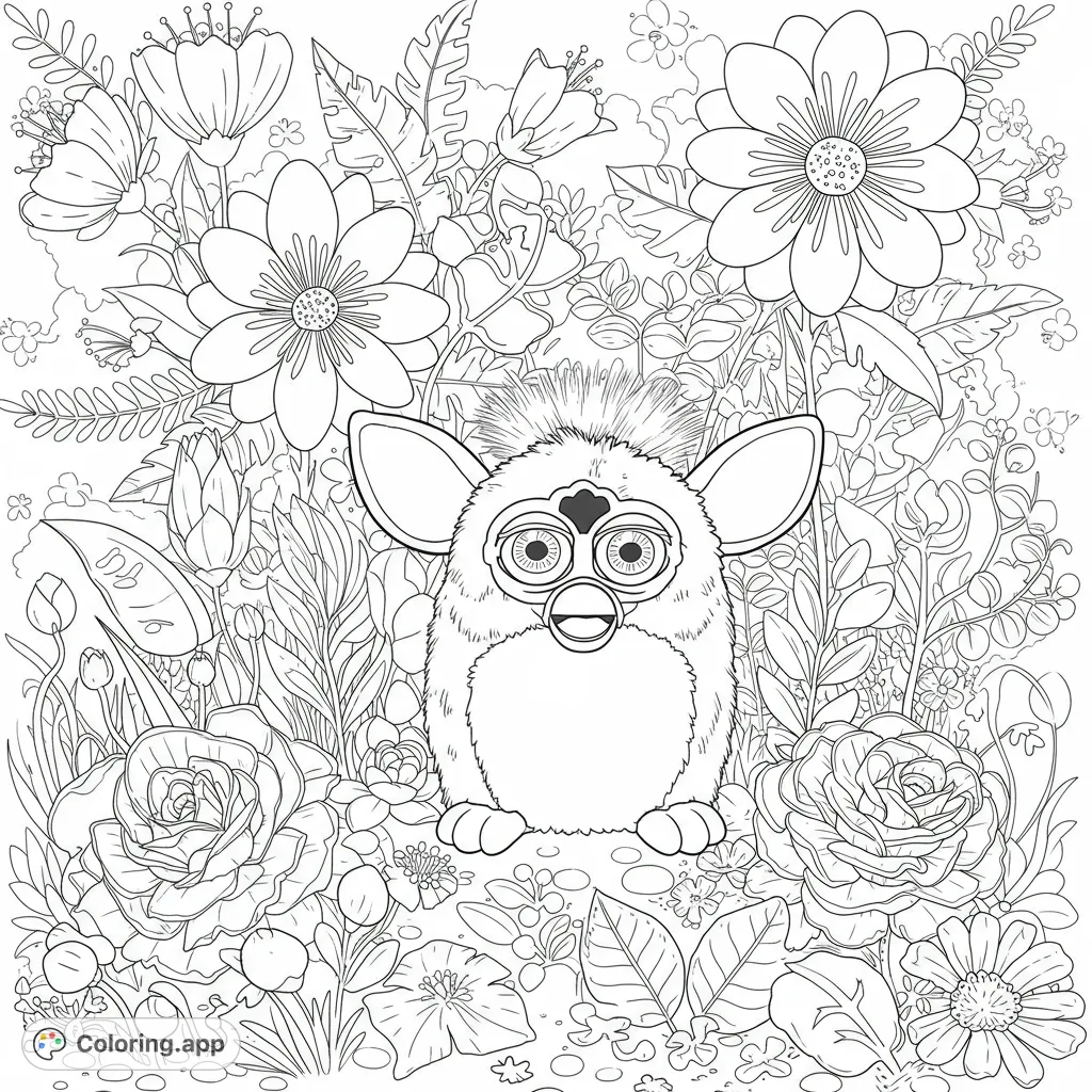 A charming Furby-like creature peeks from a lush, intricate garden filled with detailed flowers and foliage, perfect for imaginative coloring.