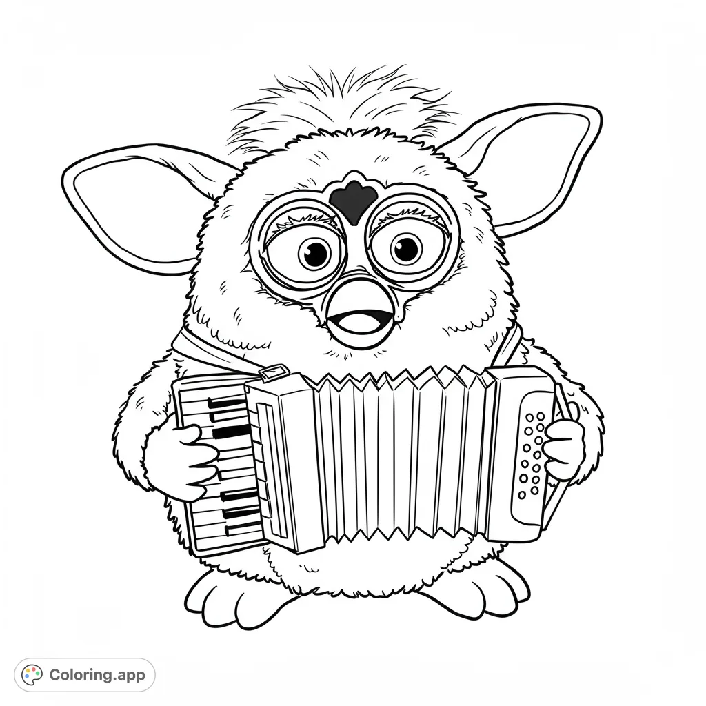 A charming fluffy creature, like a Furby, joyfully plays an accordion. This free printable coloring page offers delightful details for all ages to enjoy.