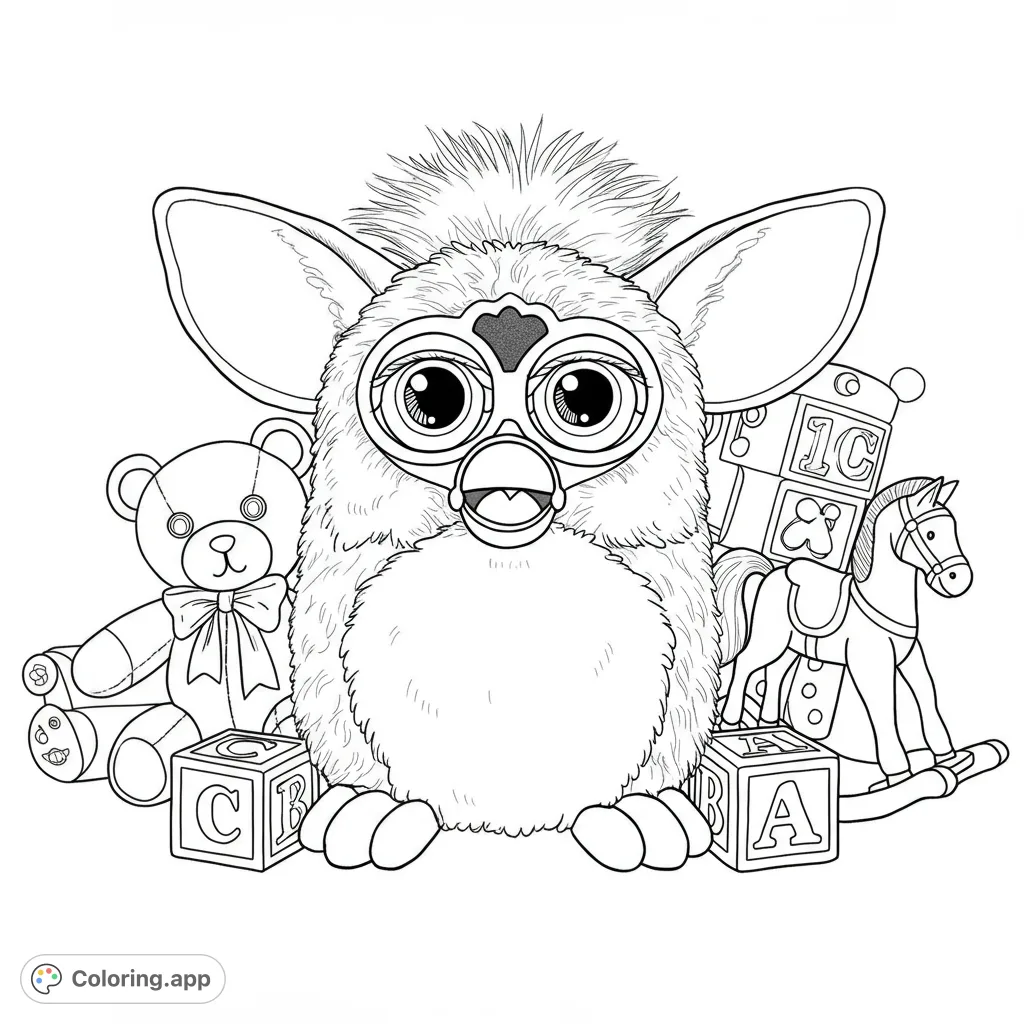 An adorable fluffy creature surrounded by classic toys like a teddy bear, rocking horse, and alphabet blocks. A delightful free printable toy coloring page for kids!