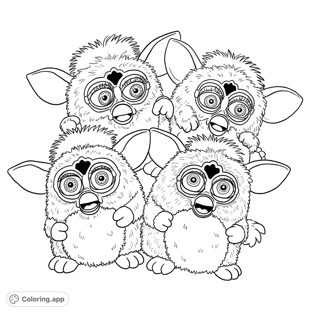 An adorable Furby coloring page featuring four fluffy, wide-eyed creatures. Perfect for fans of retro toys and cute characters, offering fun for all ages.