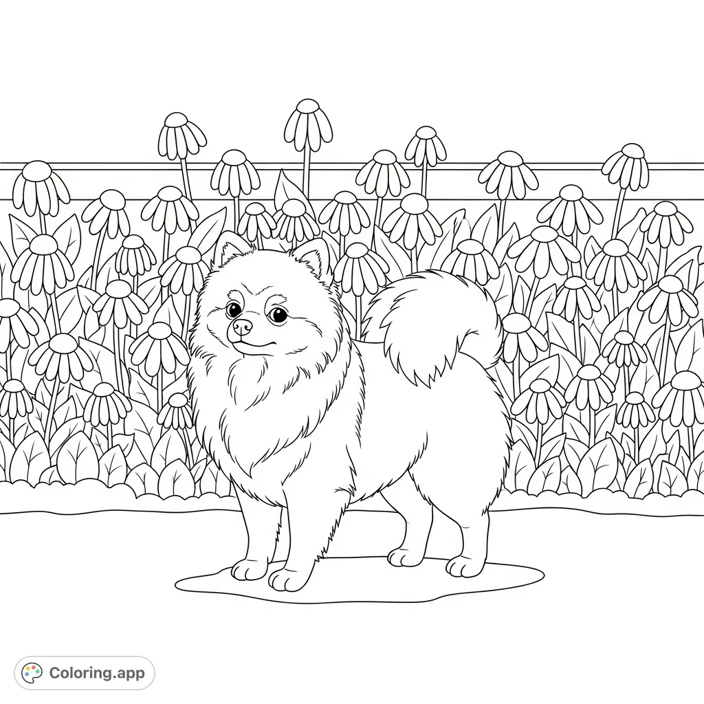 A cute Pomeranian stands playfully amidst a vibrant flower bed with simplified petals and leaves, set against a charming garden fence backdrop.
