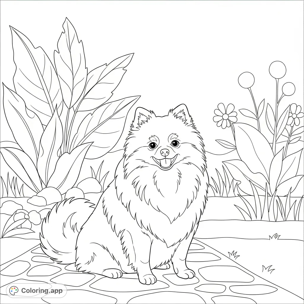 A charming Pomeranian sits on a stone path amidst a simplified garden, perfect for a relaxing coloring experience. Detailed fur and simple flora await your creativity.