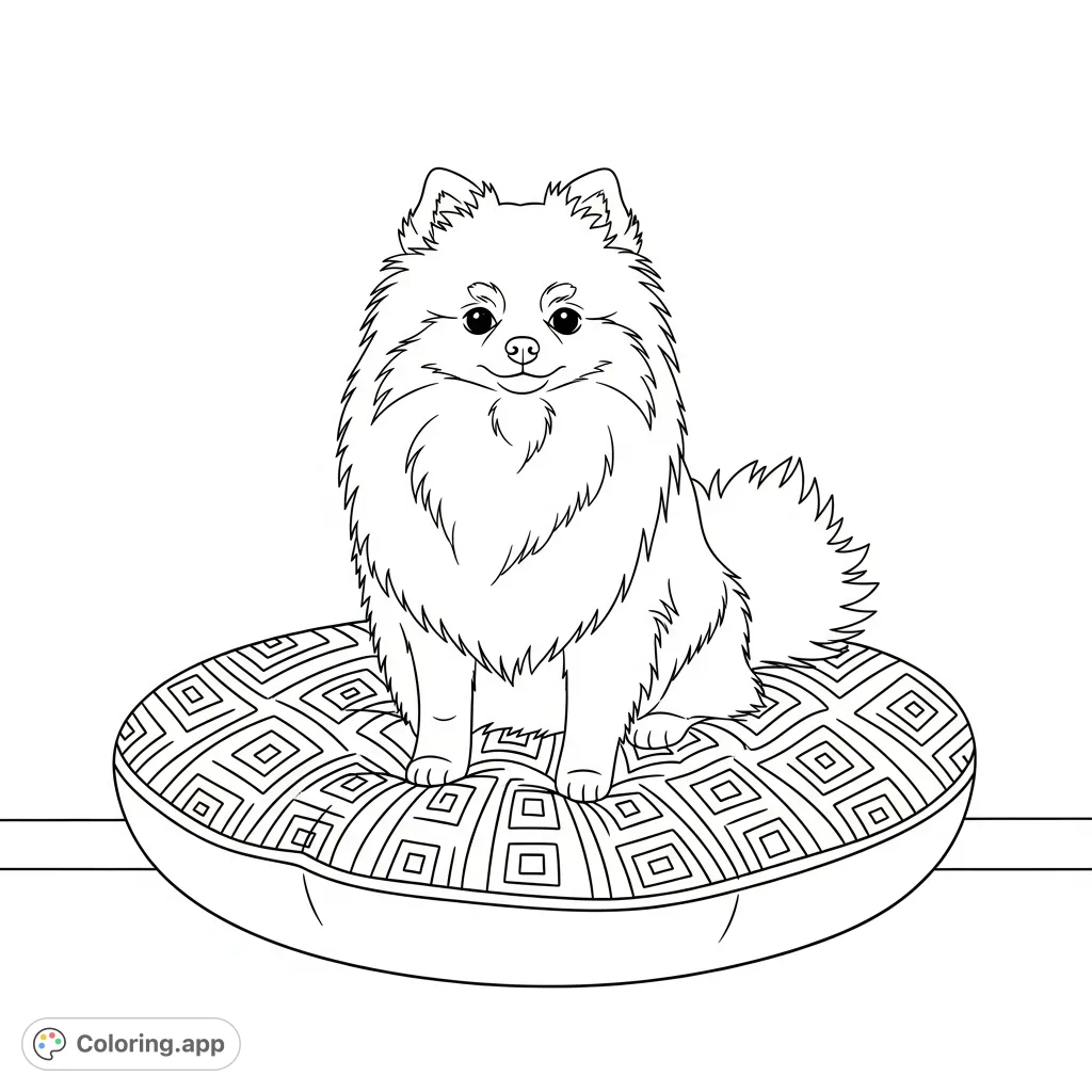 A charming Pomeranian sits on a plush pillow featuring simple geometric patterns. A delightful scene for animal lovers of all ages to color and enjoy.