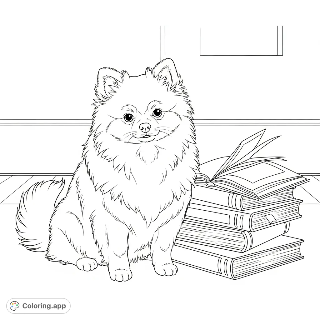 A charming coloring page featuring an adorable, fluffy Pomeranian puppy sitting beside a stack of books against a simple, inviting interior background.
