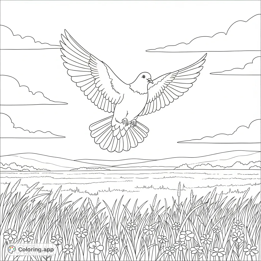 A graceful dove soars above a serene field of tall grasses and wildflowers, with rolling hills in the background under a vast, open sky.