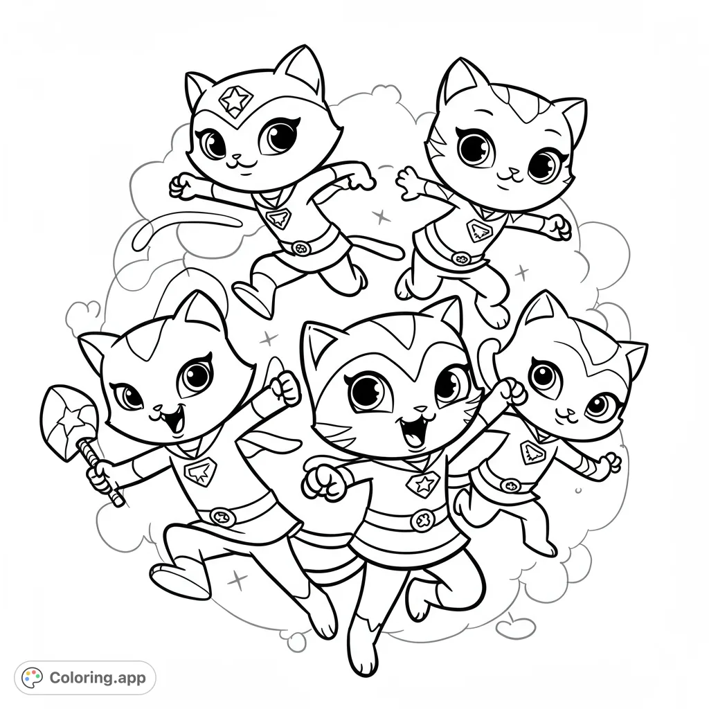 Join a team of five adorable superhero cats soaring through the sky! A dynamic and fun free printable superhero cats coloring page for all ages.