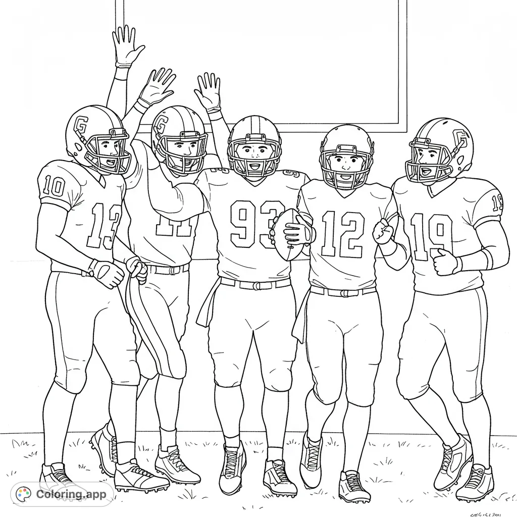 Celebrate victory with this dynamic football team coloring page! Five players in uniform, ready for action. Perfect for sports fans.