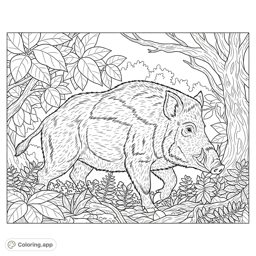 Discover a resilient wild boar foraging amidst a dense thicket of ferns and leaves. A detailed scene of nature's hidden inhabitants for a rewarding coloring experience.
