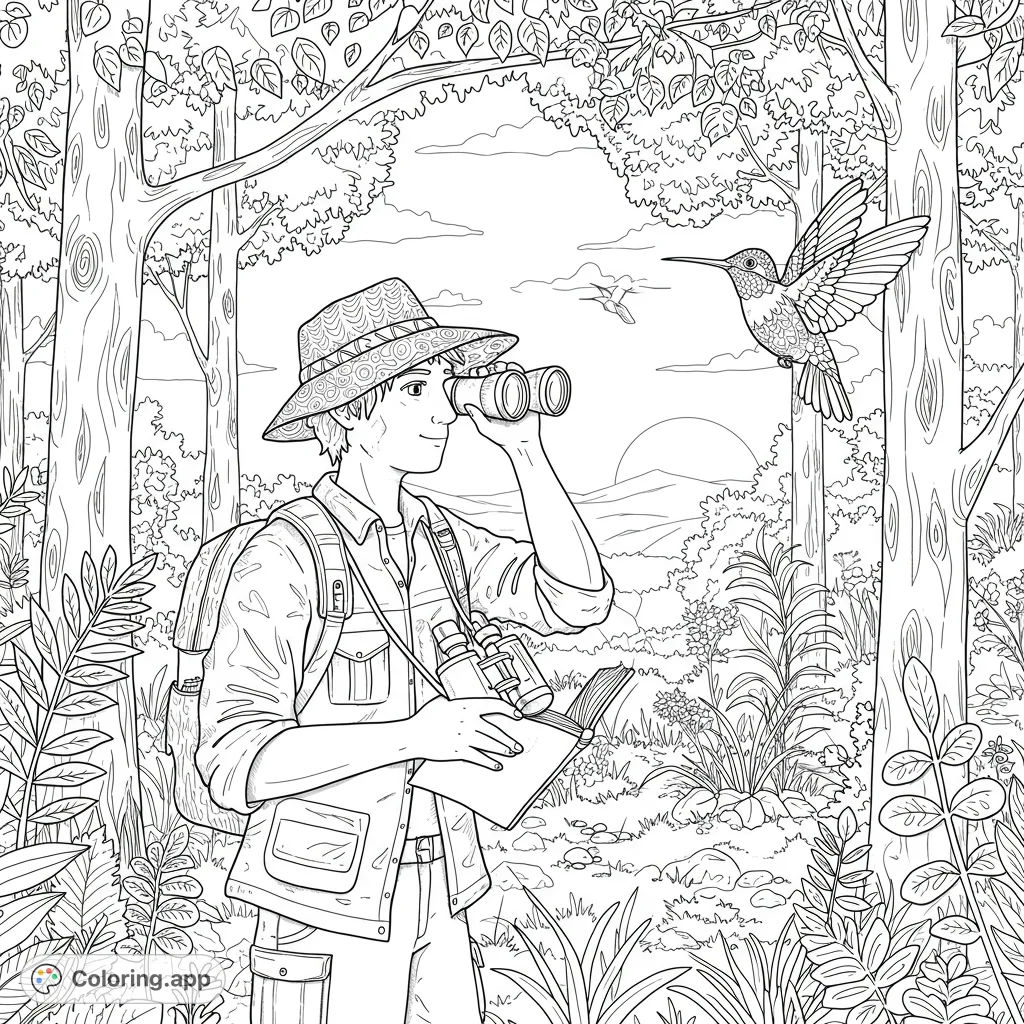 Explore nature with a birdwatcher observing a hummingbird in a detailed forest scene. A free printable birdwatching coloring page for all ages.