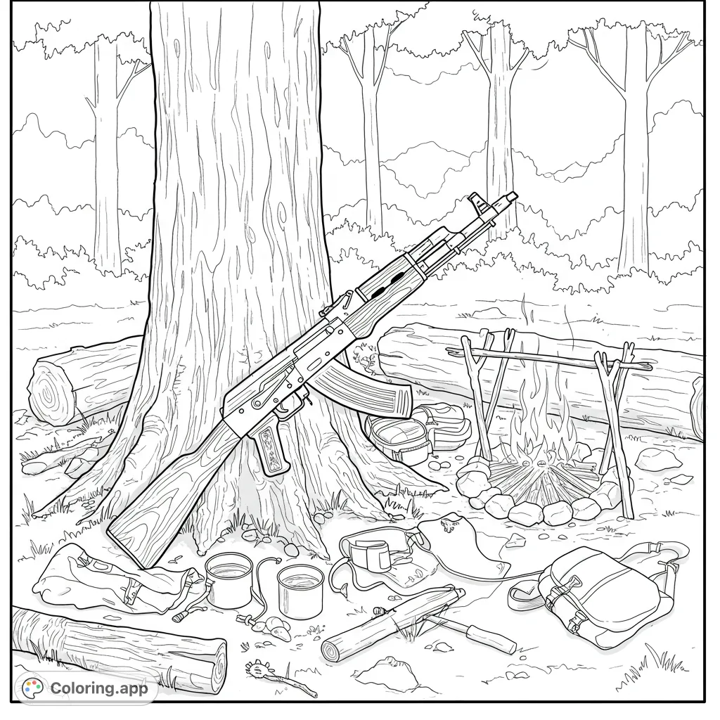 Detailed line art of a rifle leaning against a tree in a forest camp, with a campfire and survival gear. Perfect for military enthusiasts.