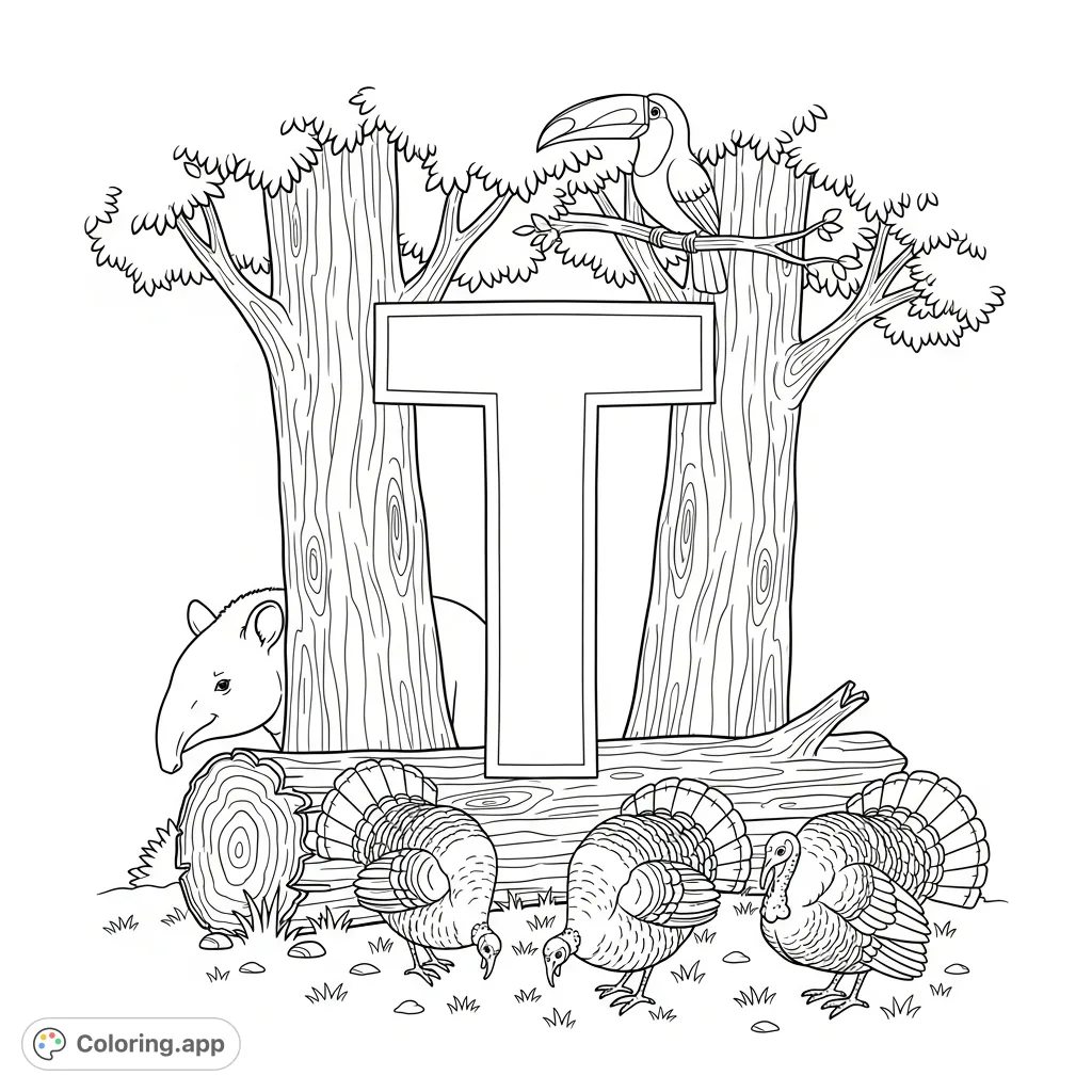 Explore a whimsical forest clearing where a capital letter T is naturally formed by trees and a log, bustling with a tapir, turkeys, and a toucan.