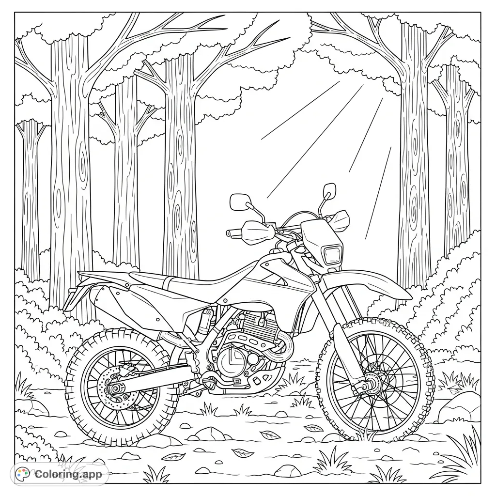Embark on a thrilling forest adventure with this detailed coloring page featuring a powerful dirt bike parked in a sun-dappled clearing amidst tall trees.