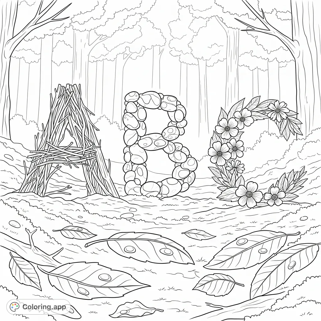 Explore a whimsical alphabet forest coloring page, where letters 'A', 'B', 'C' and more are crafted from branches, stones, and wildflowers amidst a serene forest floor.
